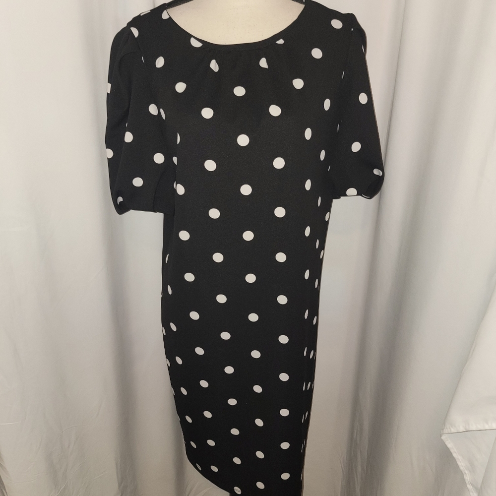 New York And Company Women’s Dress Polka Dot Sheath Puffy Sleeve Stretch - Picture 2 of 6